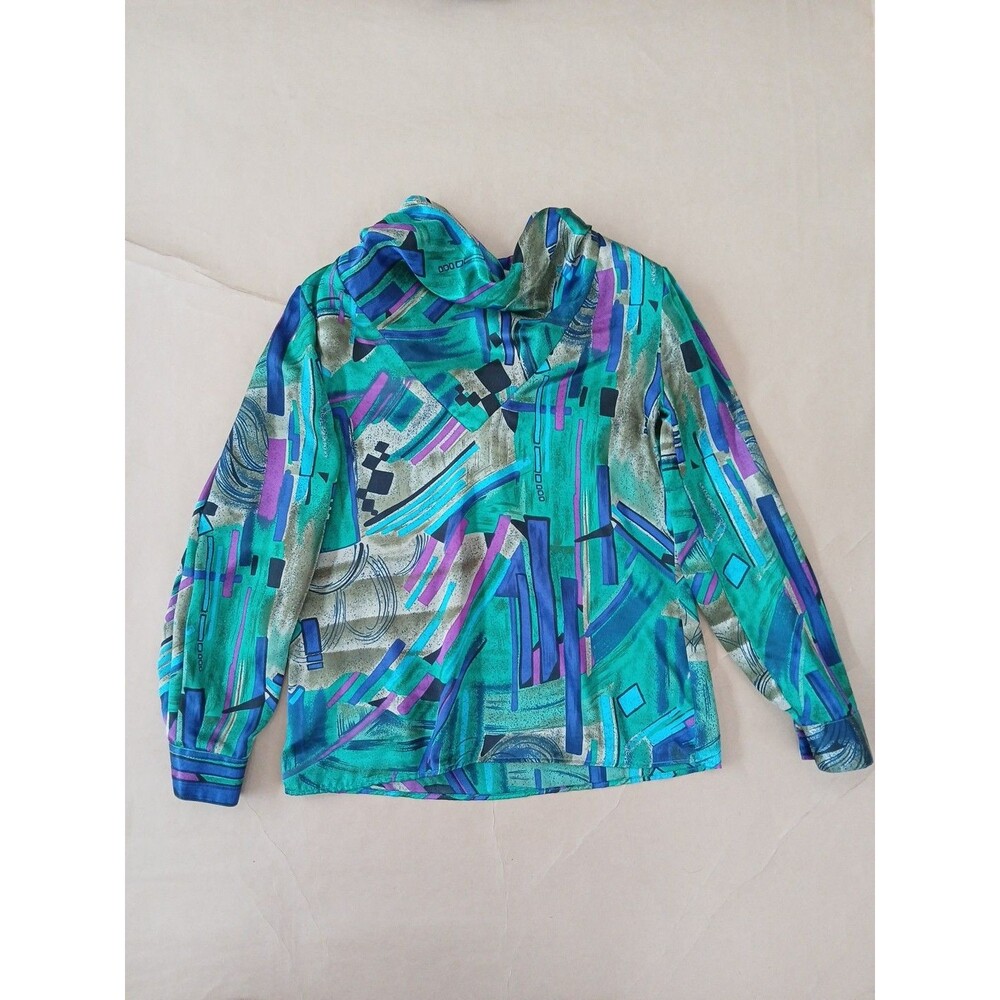 Vintage 1980s Adamo Secretary Top Blouse Shoulder Pads Satin Abstract